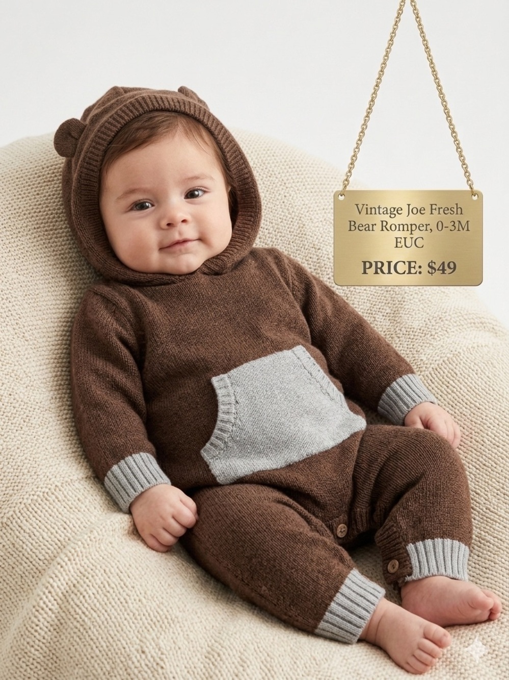 Vintage Joe Fresh Knit Bear Hooded Romper 100% Cotton 0-3M Brown Grey EUC